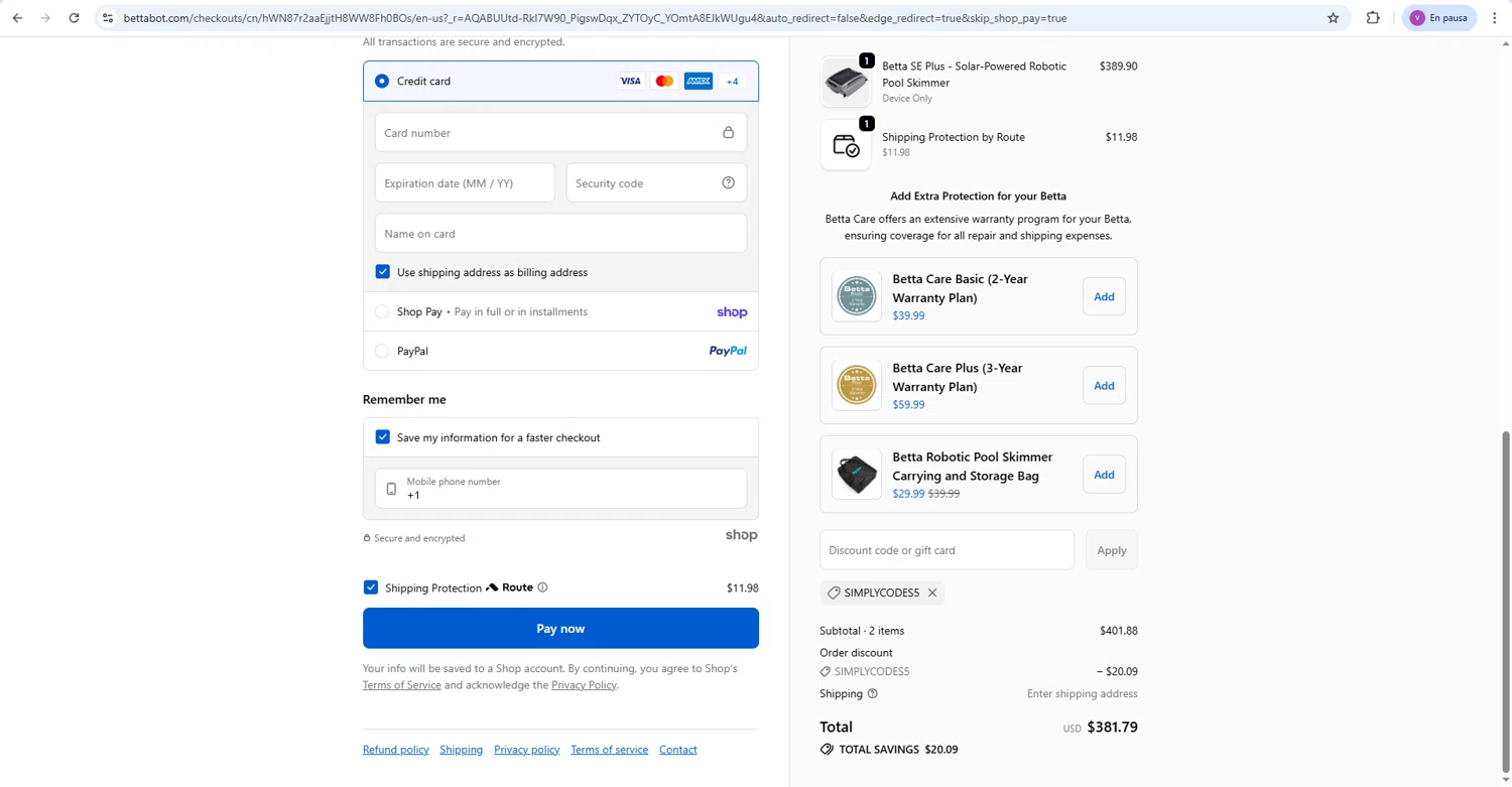 Betta checkout page showing Betta discount code box | Screenshot taken by SimplyCodes community member on Jan 28, 2026
