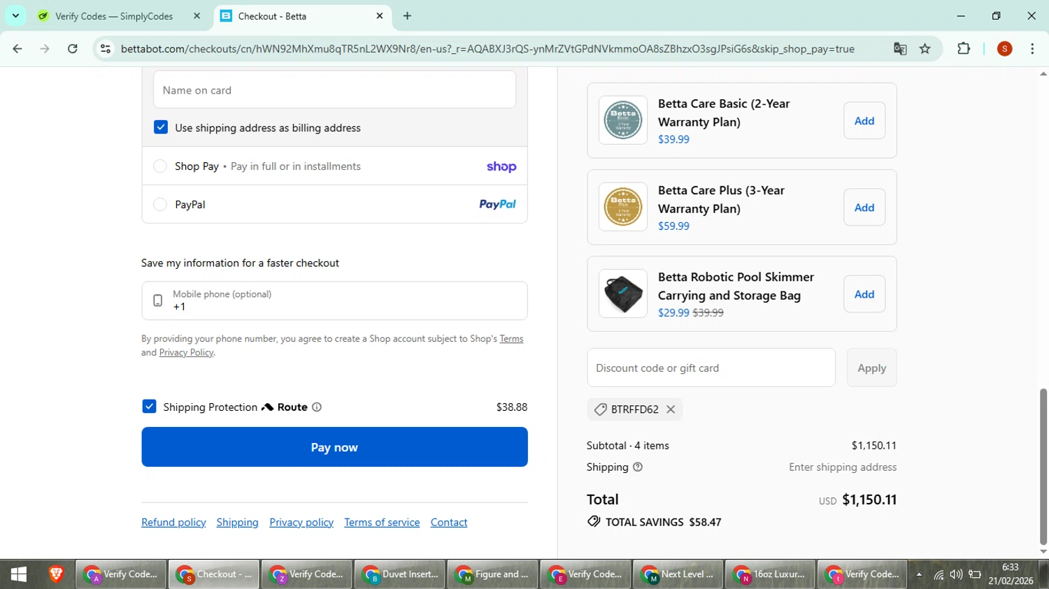 Betta checkout page showing Betta discount code box | Screenshot taken by SimplyCodes community member on Feb 21, 2026