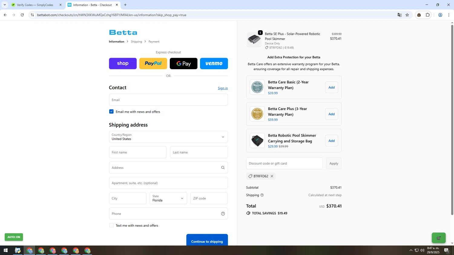 Betta discount code screenshot showing code BTRFFD62 applied at Betta checkout page. Uploaded by SimplyCodes community member MRYORMAN on Sep 29, 2025
