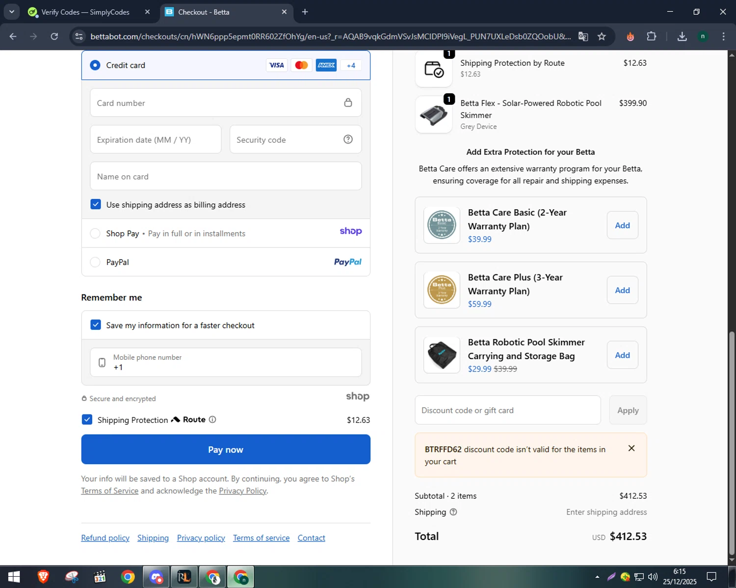 Betta discount code screenshot showing code BTRFFD62 applied at Betta checkout page. Uploaded by SimplyCodes community member VoucherWizard5329 on Dec 25, 2025