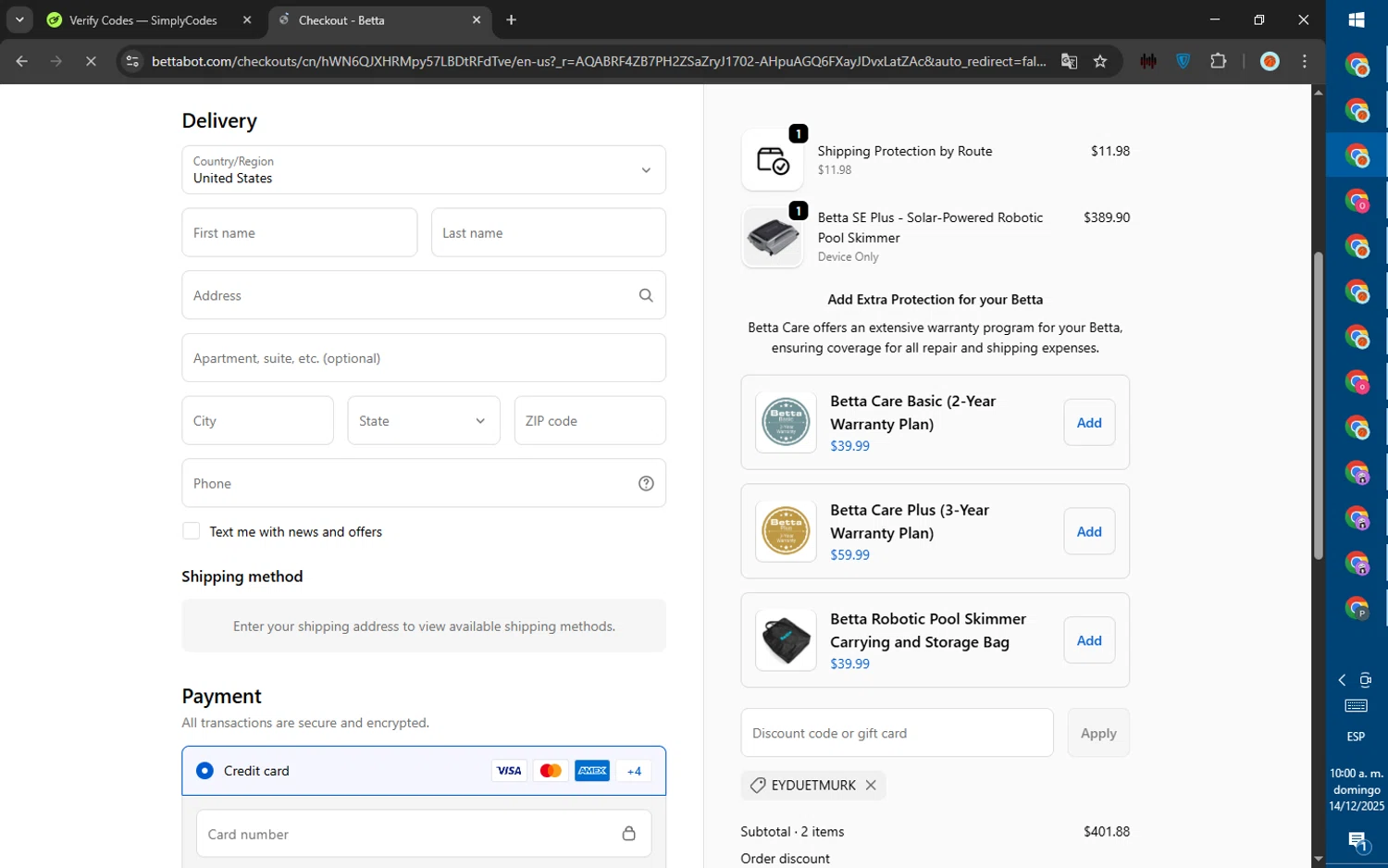 Betta discount code screenshot showing code EYDUETMURK applied at Betta checkout page. Uploaded by SimplyCodes community member ValiantWarden8956 on Dec 14, 2025