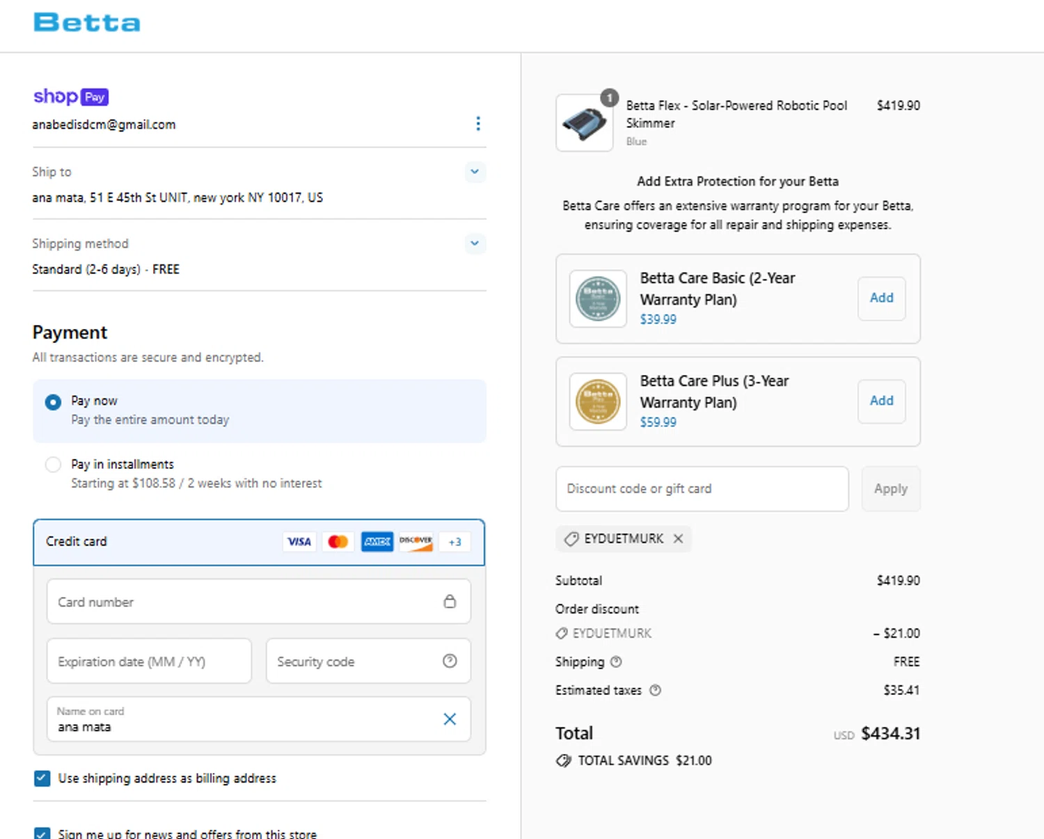 Betta discount code screenshot showing code EYDUETMURK applied at Betta checkout page. Uploaded by SimplyCodes community member peachee on Jul 4, 2025