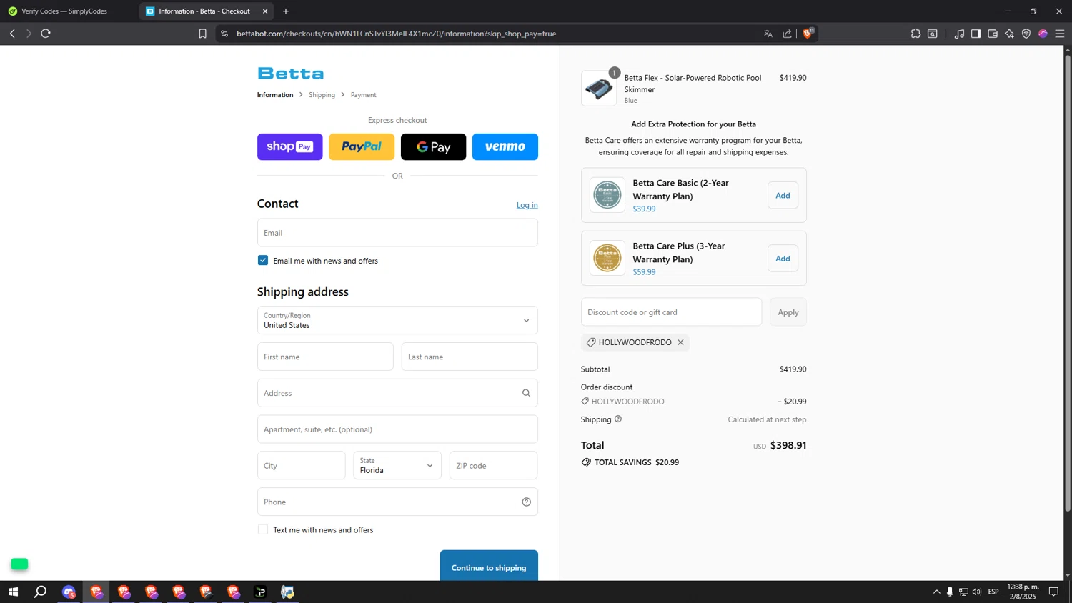 Betta discount code screenshot showing code hollywoodfrodo applied at Betta checkout page. Uploaded by SimplyCodes community member kkkkkkkkkkkkkkkkkkkk on Aug 2, 2025