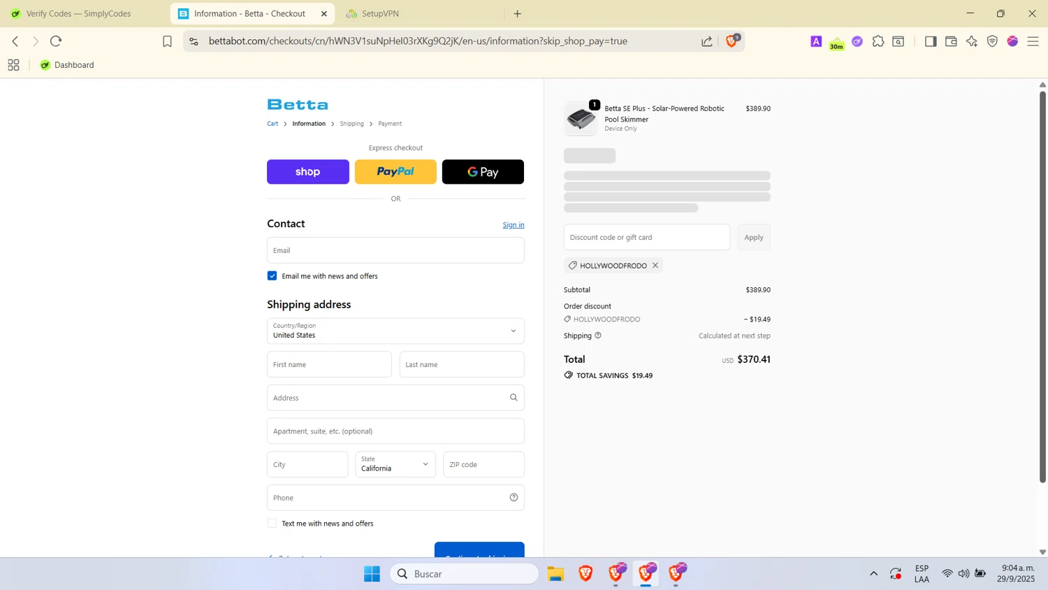 Betta discount code screenshot showing code hollywoodfrodo applied at Betta checkout page. Uploaded by SimplyCodes community member SwiftTracker9305 on Sep 29, 2025