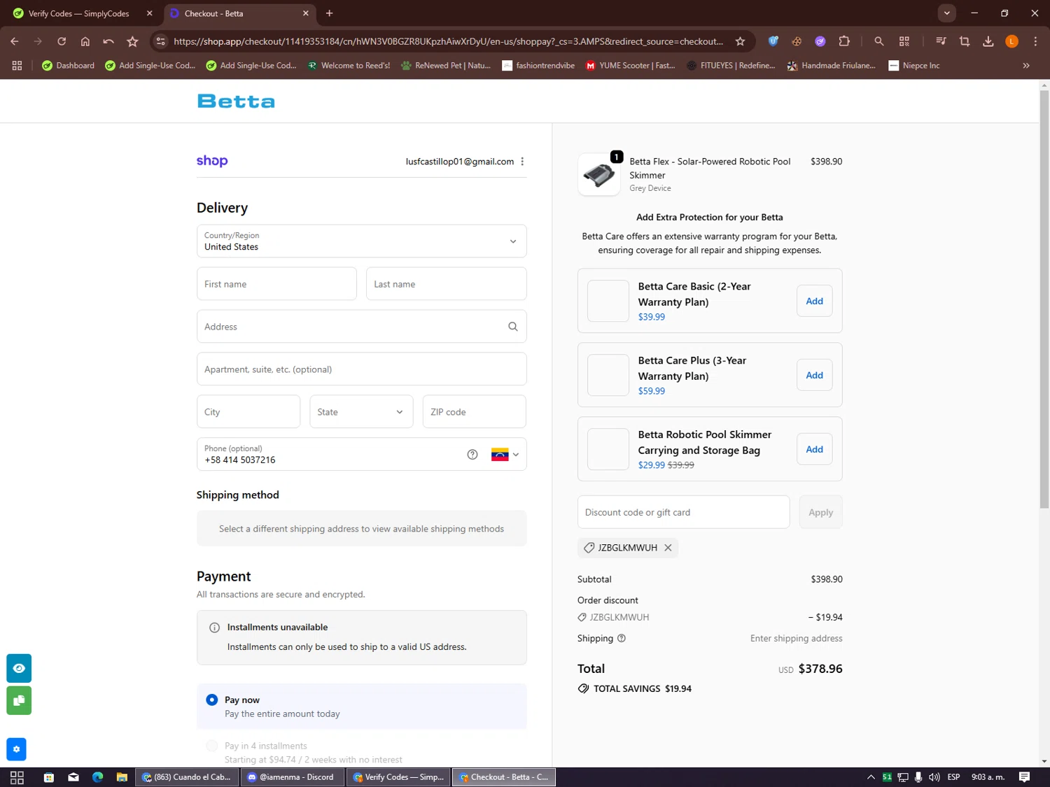 Betta discount code screenshot showing code JZBGLKMWUH applied at Betta checkout page. Uploaded by SimplyCodes community member Alalee on Sep 28, 2025