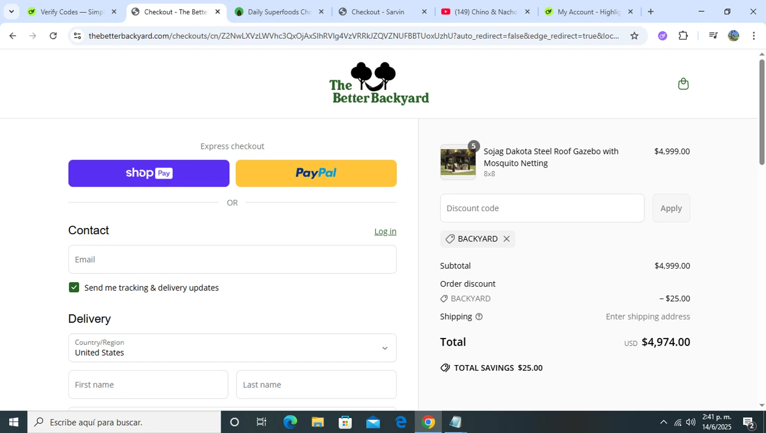 The Better Backyard promo code screenshot showing code BACKYARD applied at The Better Backyard checkout page. Uploaded by SimplyCodes community member RoyalHero6815 on Jun 14, 2025