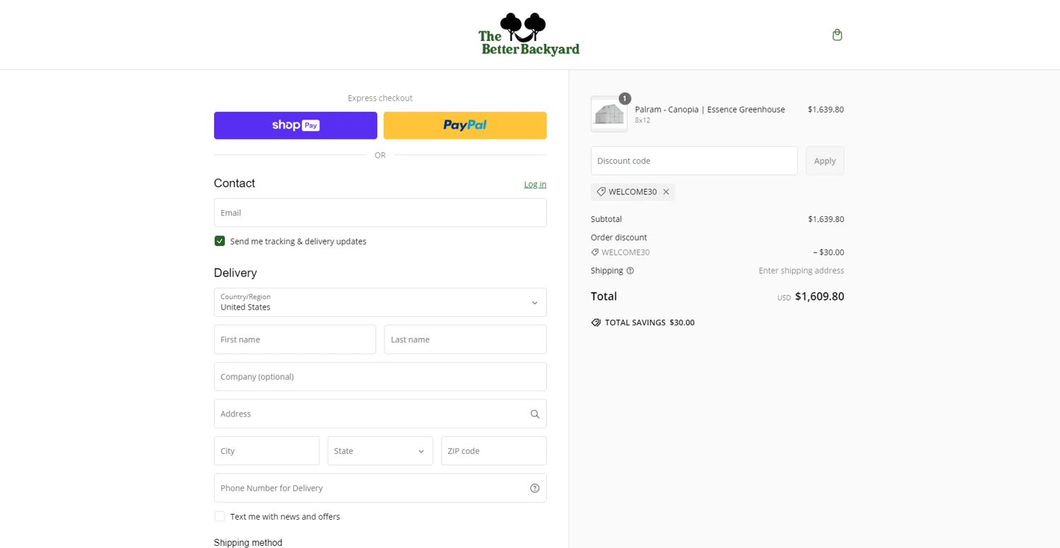 The Better Backyard promo code screenshot showing code WELCOME30 applied at The Better Backyard checkout page. Uploaded by SimplyCodes community member WonderGuardian4443 on Feb 21, 2025