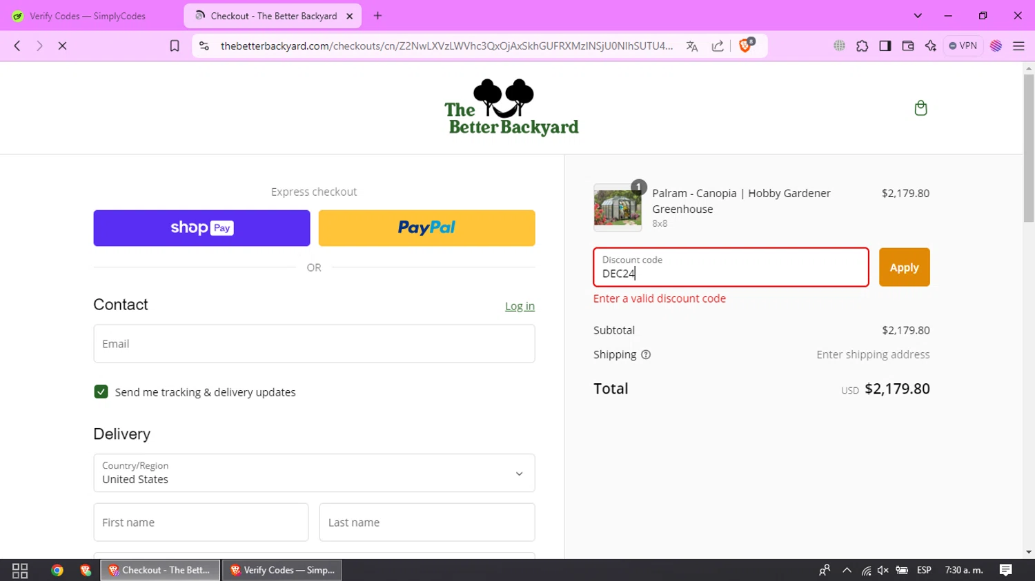 The Better Backyard promo code screenshot showing code DEC24 applied at The Better Backyard checkout page. Uploaded by SimplyCodes community member PrimeLynx5403 on Jan 13, 2025