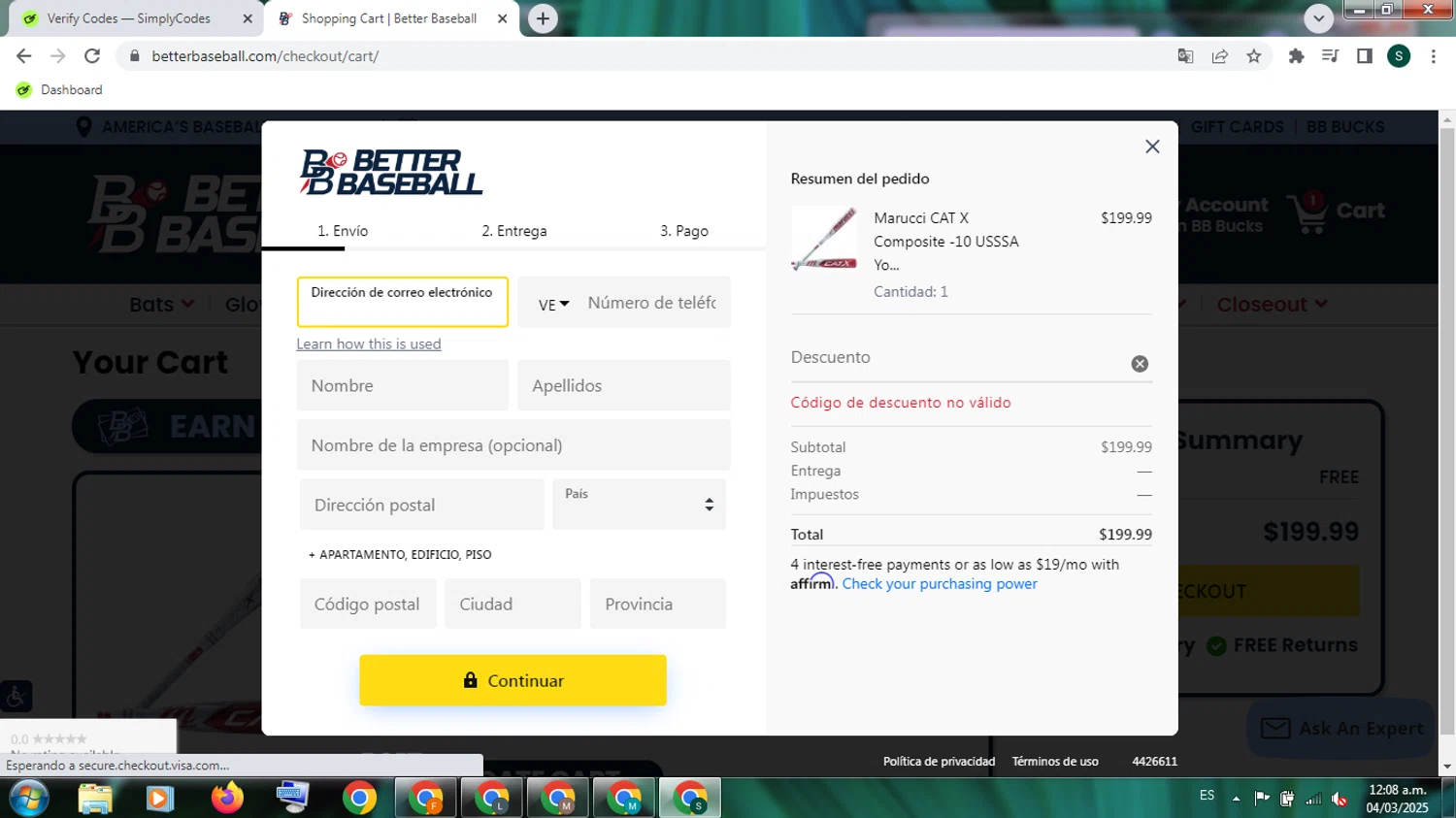 BetterBaseball discount code screenshot showing code WELCOME applied at BetterBaseball checkout page. Uploaded by SimplyCodes community member PromoExpert3105 on Mar 4, 2025