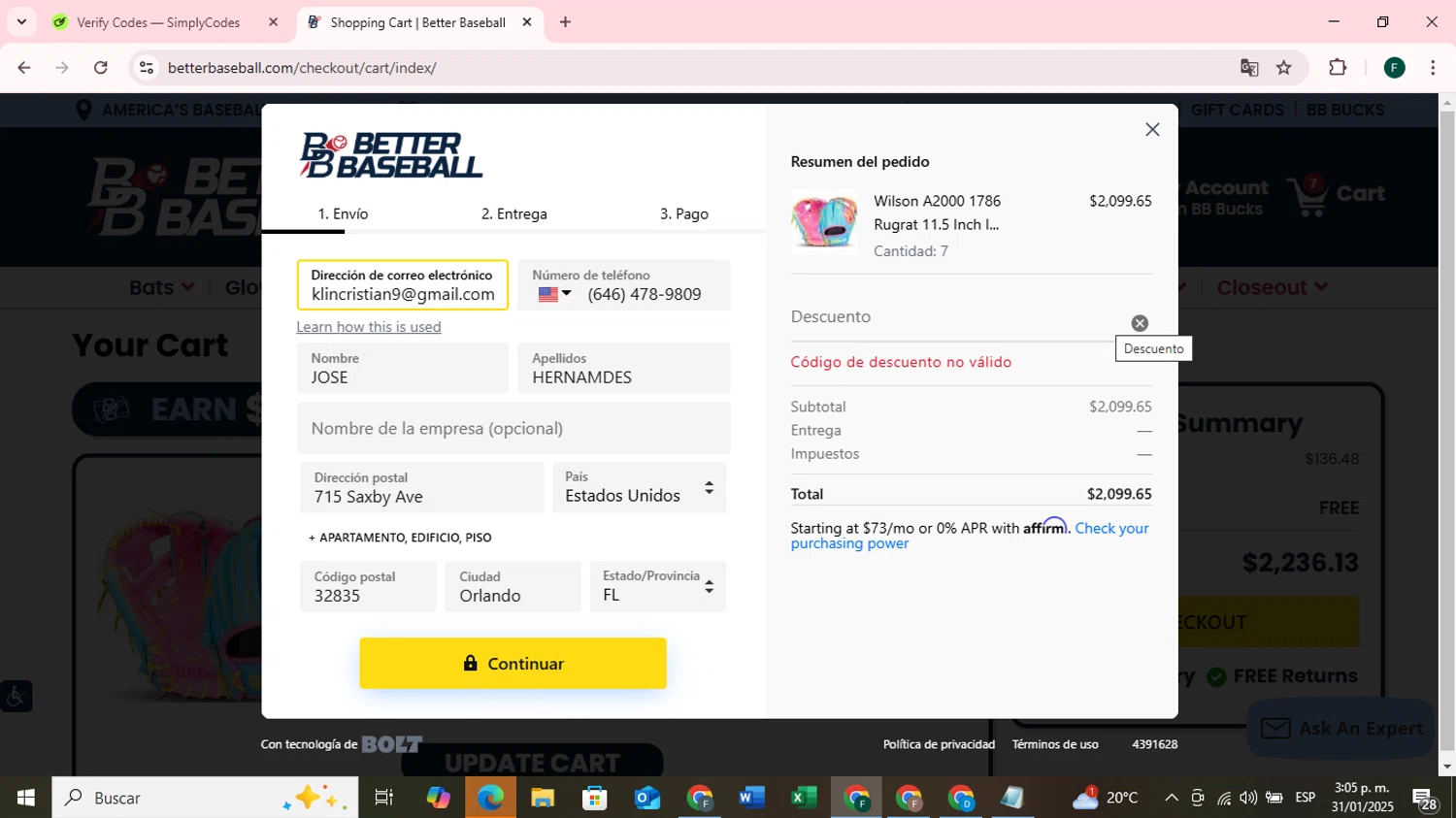 BetterBaseball discount code screenshot showing code WELCOME applied at BetterBaseball checkout page. Uploaded by SimplyCodes community member RoyalKnight4673 on Jan 31, 2025
