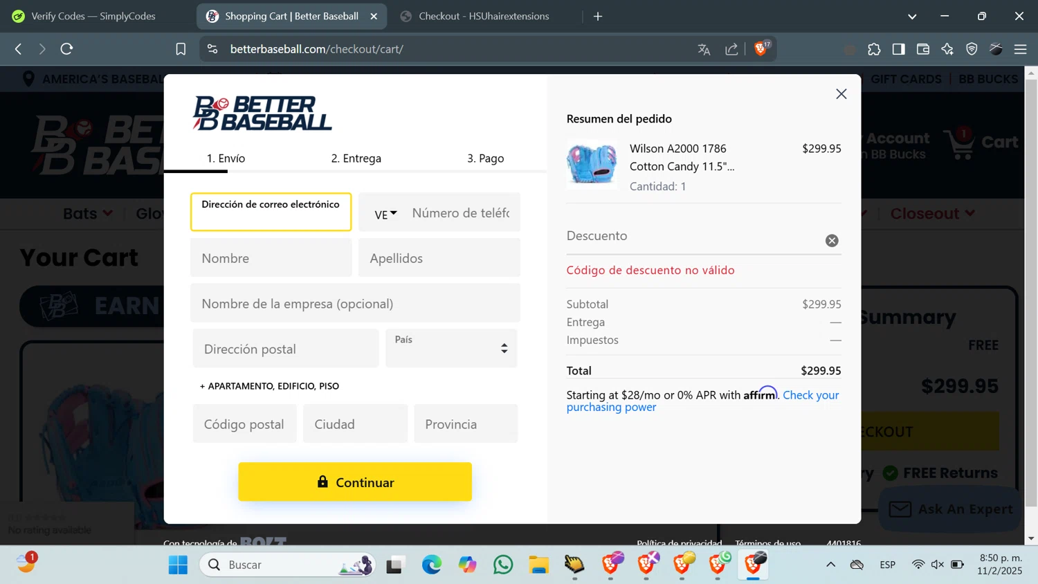 BetterBaseball discount code screenshot showing code WELCOME applied at BetterBaseball checkout page. Uploaded by SimplyCodes community member QuestFinder8736 on Feb 12, 2025