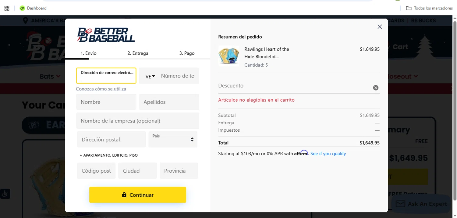 BetterBaseball discount code screenshot showing code WELCOME5 applied at BetterBaseball checkout page. Uploaded by SimplyCodes community member Speedy on Dec 13, 2025