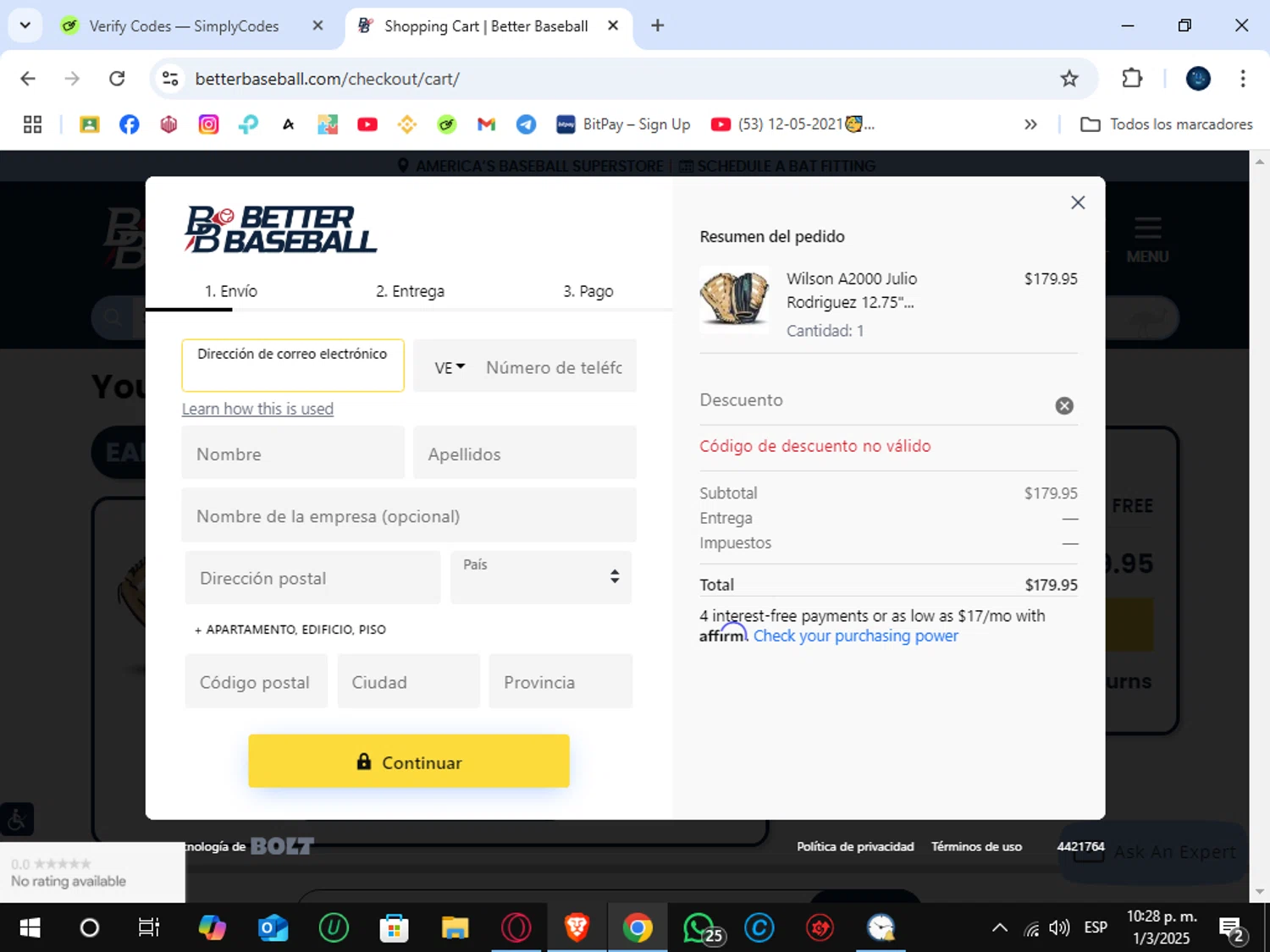 BetterBaseball discount code screenshot showing code HR20 applied at BetterBaseball checkout page. Uploaded by SimplyCodes community member SunJinWoo on Mar 2, 2025