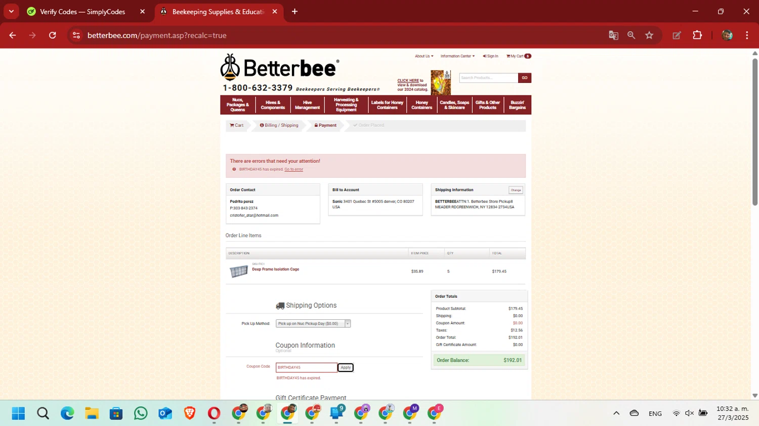 Betterbee coupon code screenshot showing code BIRTHDAY45 applied at Betterbee checkout page. Uploaded by SimplyCodes community member David_Gut_Sonic on Mar 27, 2025