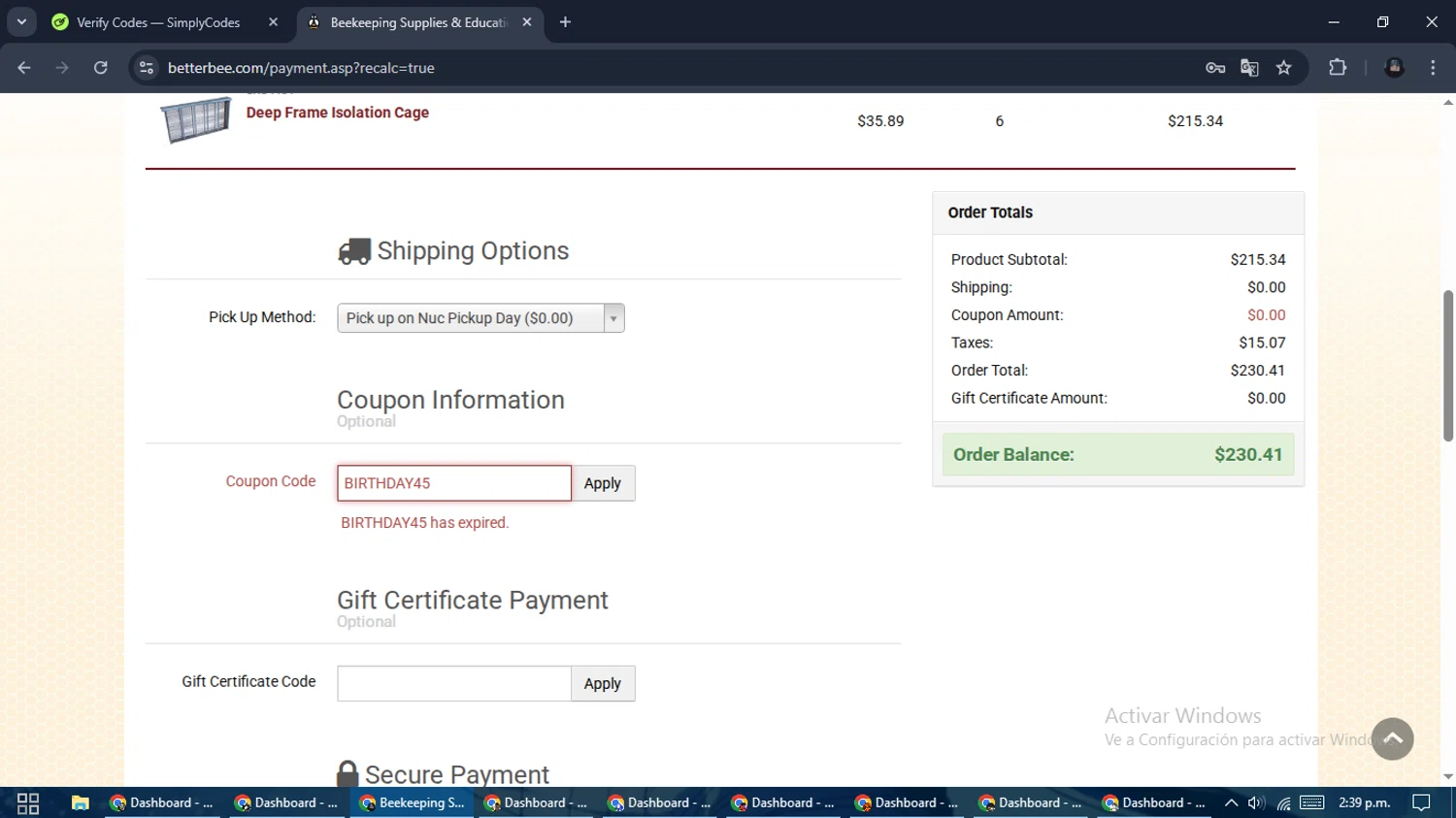 Betterbee coupon code screenshot showing code BIRTHDAY45 applied at Betterbee checkout page. Uploaded by SimplyCodes community member ValueElite5945 on Mar 20, 2025