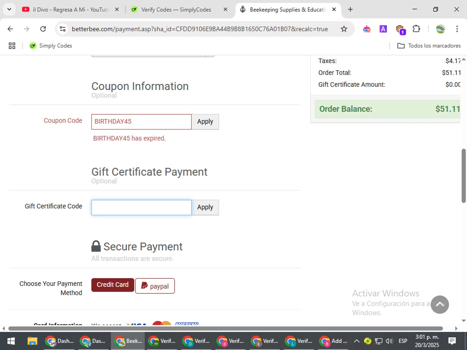 Betterbee coupon code screenshot showing code BIRTHDAY45 applied at Betterbee checkout page. Uploaded by SimplyCodes community member CoinMaven5220 on Mar 20, 2025