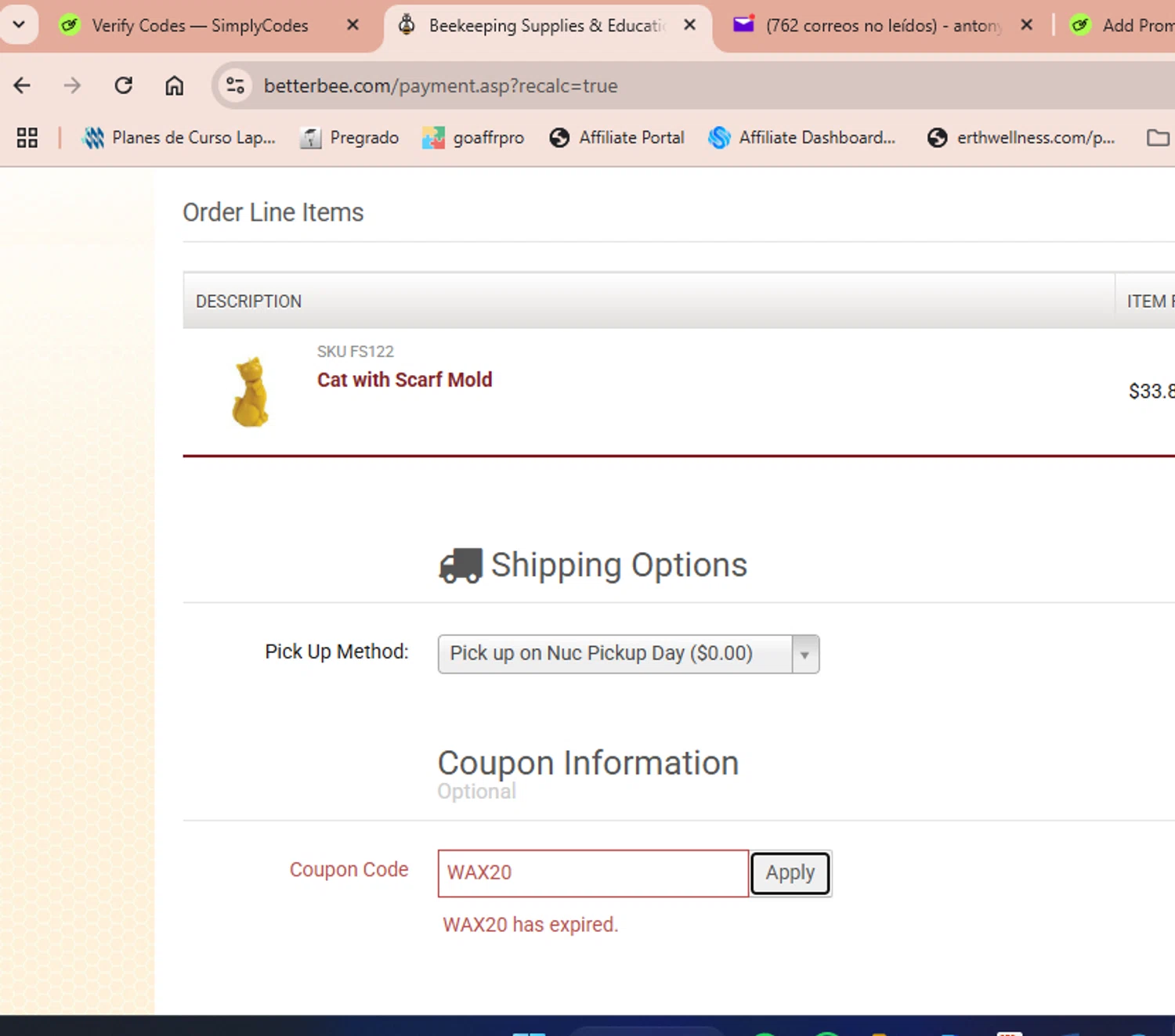 Betterbee coupon code screenshot showing code WAX20 applied at Betterbee checkout page. Uploaded by SimplyCodes community member luisaballera on Jul 17, 2025