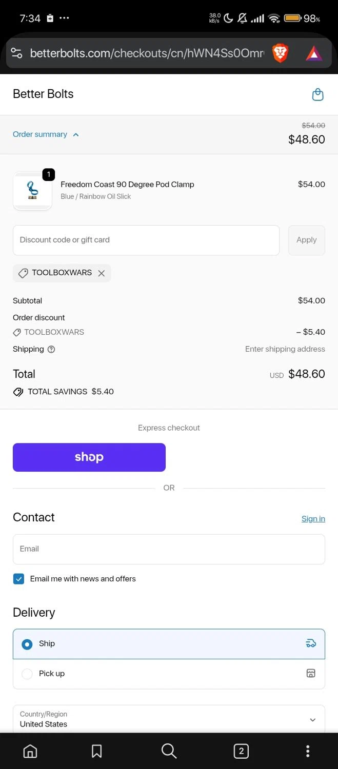 Better Bolts discount code screenshot showing code TOOLBOXWARS applied at Better Bolts checkout page. Uploaded by SimplyCodes community member Jutdcv on Oct 23, 2025
