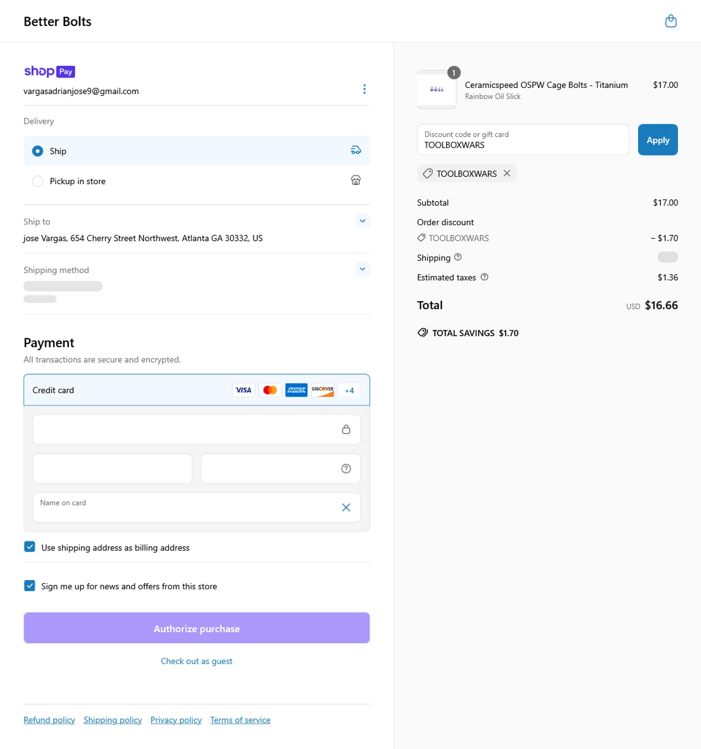 Better Bolts discount code screenshot showing code TOOLBOXWARS applied at Better Bolts checkout page. Uploaded by SimplyCodes community member WladimirV on Jun 16, 2025