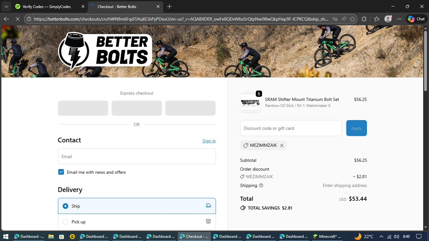 Better Bolts checkout page showing Better Bolts discount code box | Screenshot taken by SimplyCodes community member on Feb 14, 2026