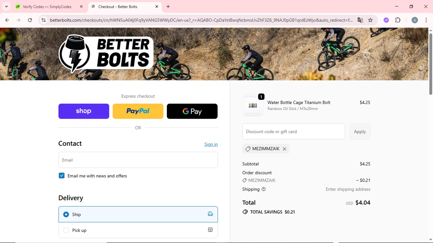 Better Bolts discount code screenshot showing code mezimmzaik applied at Better Bolts checkout page. Uploaded by SimplyCodes community member CrownSpotter6947 on Nov 30, 2025