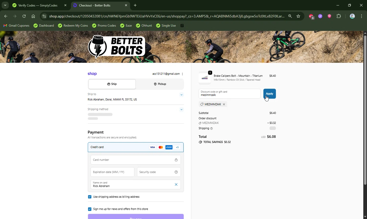 Better Bolts discount code screenshot showing code mezimmzaik applied at Better Bolts checkout page. Uploaded by SimplyCodes community member LHaunter2 on Dec 18, 2025