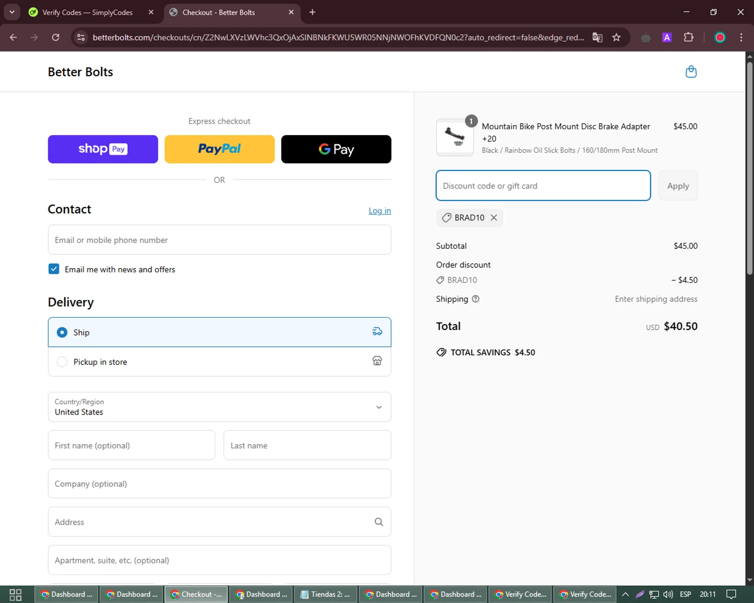 Better Bolts discount code screenshot showing code BRAD10 applied at Better Bolts checkout page. Uploaded by SimplyCodes community member David_Garcia on Apr 20, 2025
