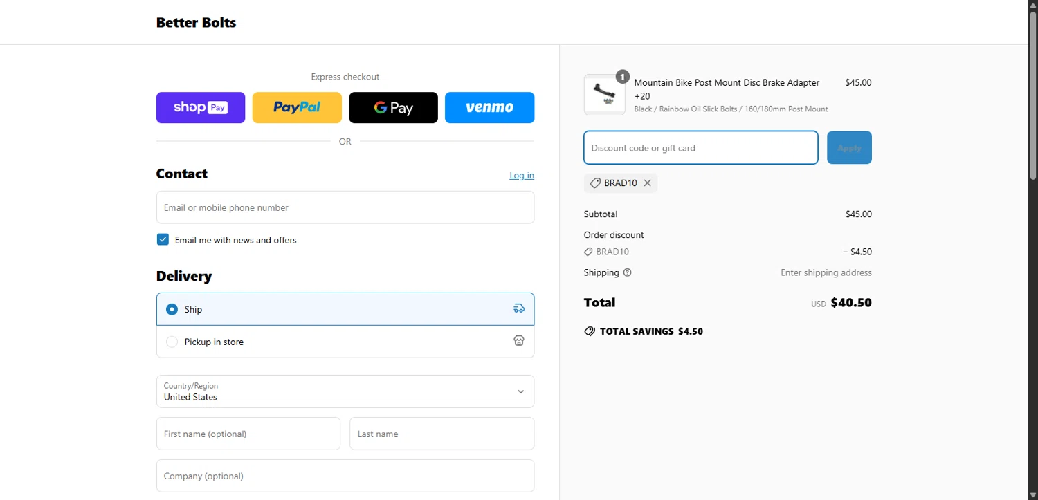 Better Bolts discount code screenshot showing code BRAD10 applied at Better Bolts checkout page. Uploaded by SimplyCodes community member Tenmyoldy on Apr 9, 2025