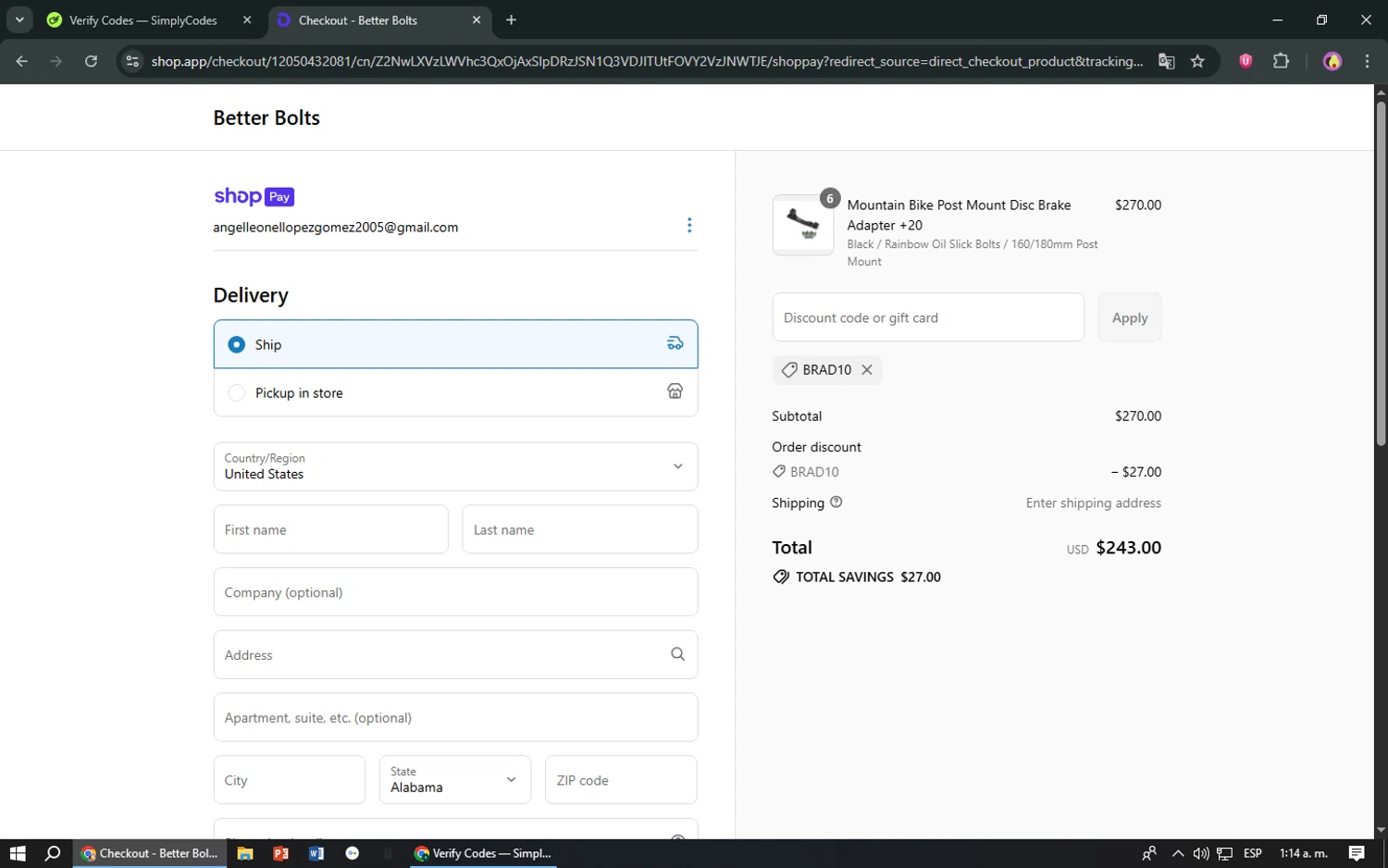 Better Bolts discount code screenshot showing code BRAD10 applied at Better Bolts checkout page. Uploaded by SimplyCodes community member TreasureShopper9156 on Jul 5, 2025
