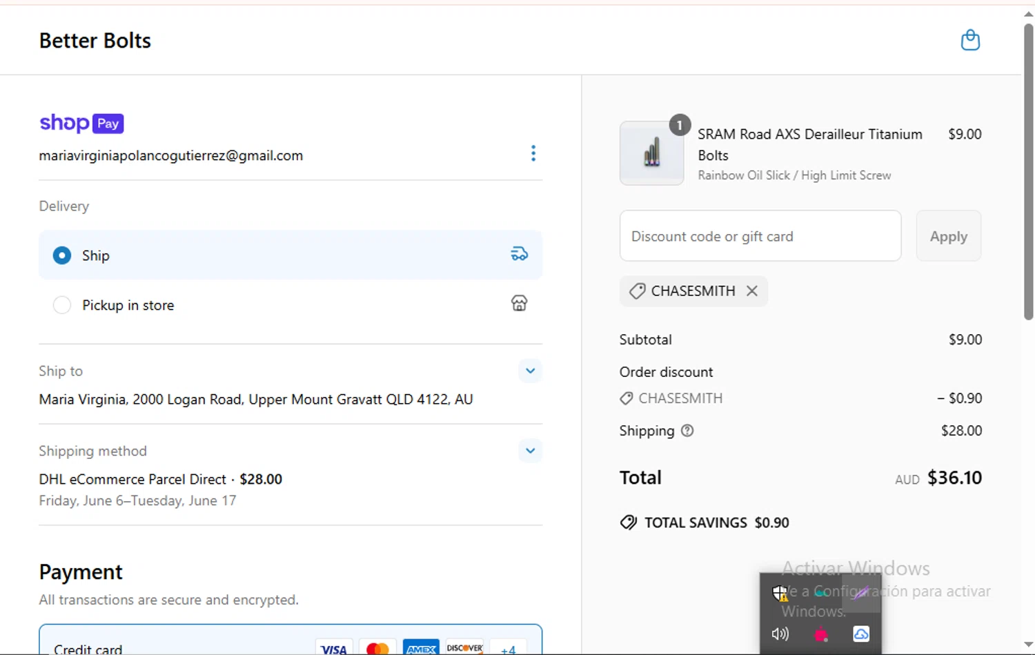 Better Bolts discount code screenshot showing code chasesmith applied at Better Bolts checkout page. Uploaded by SimplyCodes community member SavingsCollector2592 on May 17, 2025