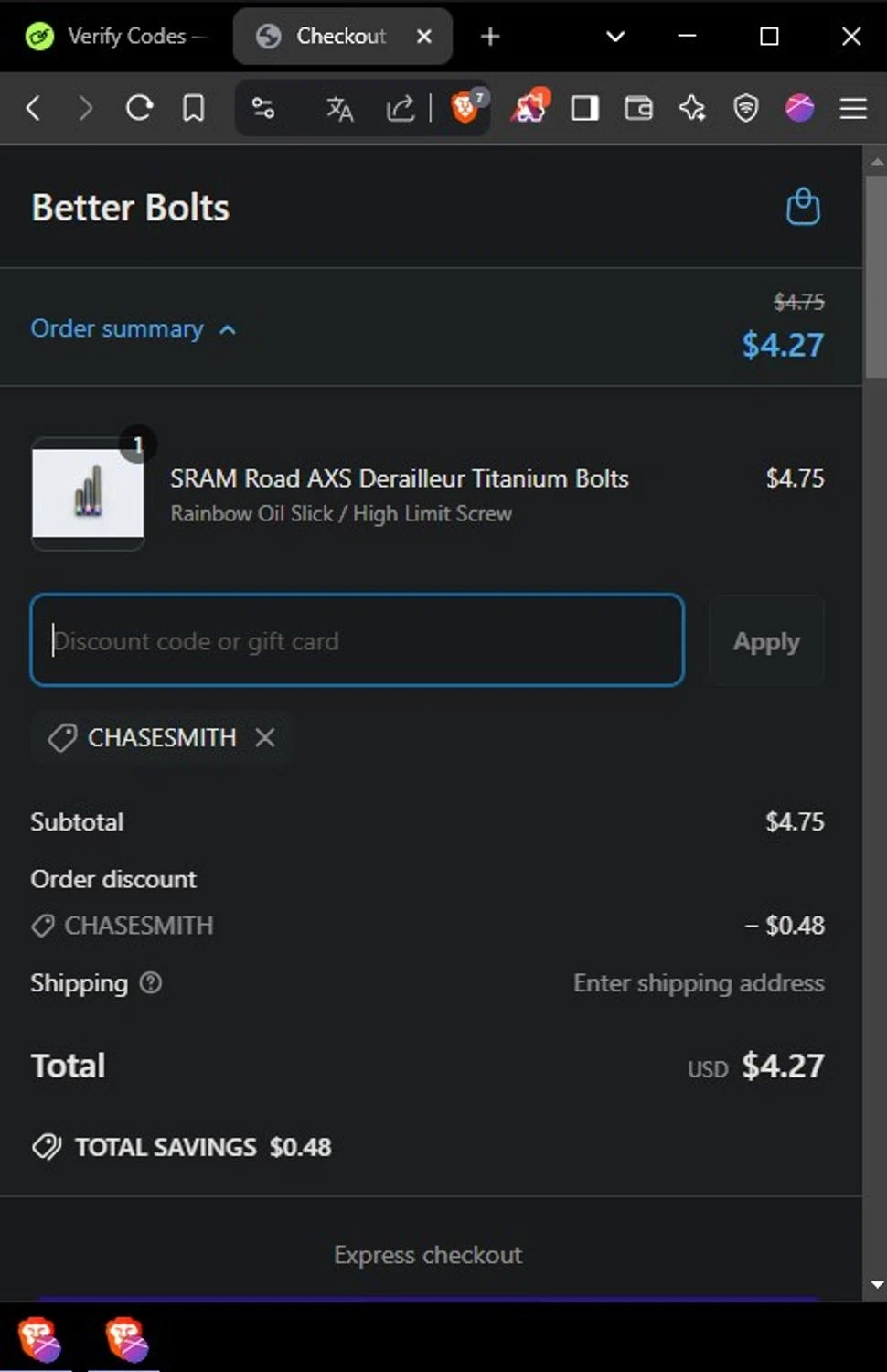 Better Bolts discount code screenshot showing code chasesmith applied at Better Bolts checkout page. Uploaded by SimplyCodes community member Yoseff2 on Mar 30, 2025