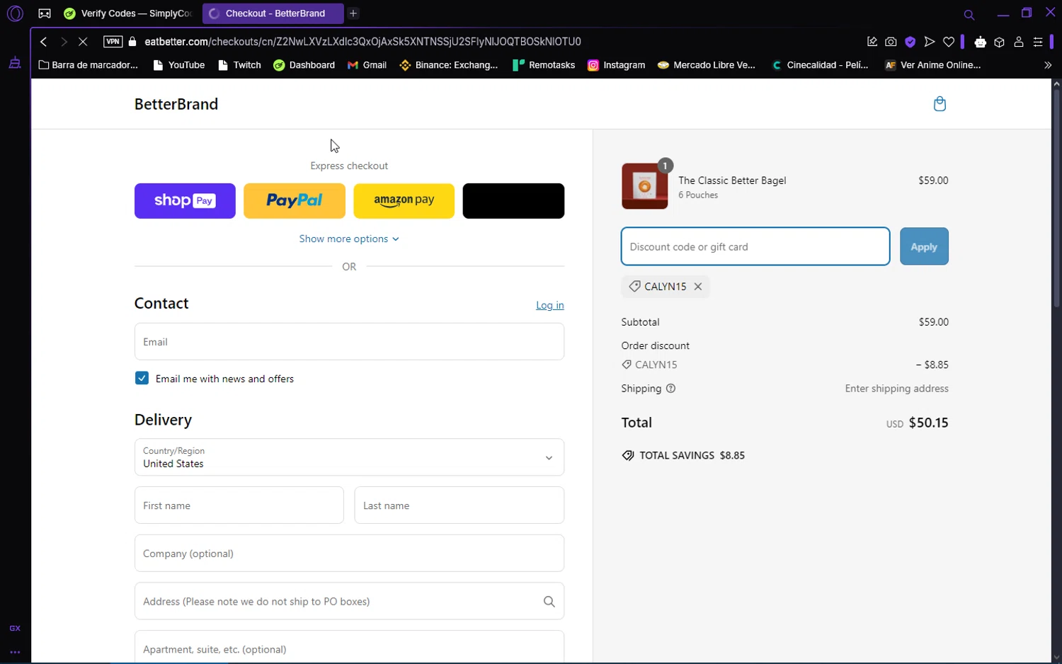 Better Brand promo code screenshot showing code CALYN15 applied at Better Brand checkout page. Uploaded by SimplyCodes community member trinzo on Mar 9, 2025