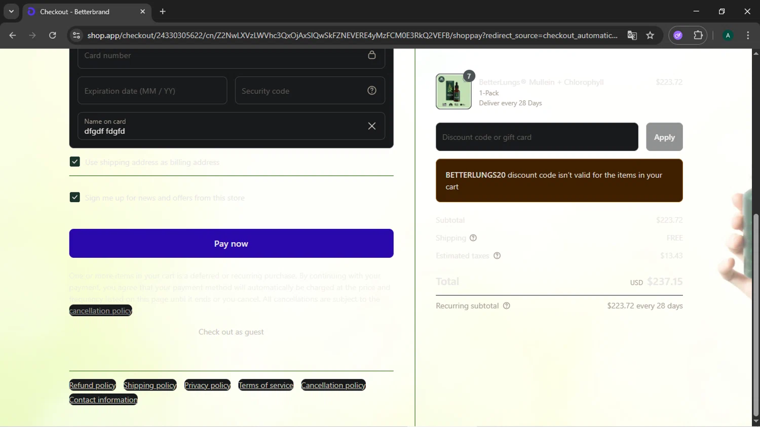 Better Brand promo code screenshot showing code BetterLungs20 applied at Better Brand checkout page. Uploaded by SimplyCodes community member HAOJIN on Apr 29, 2025