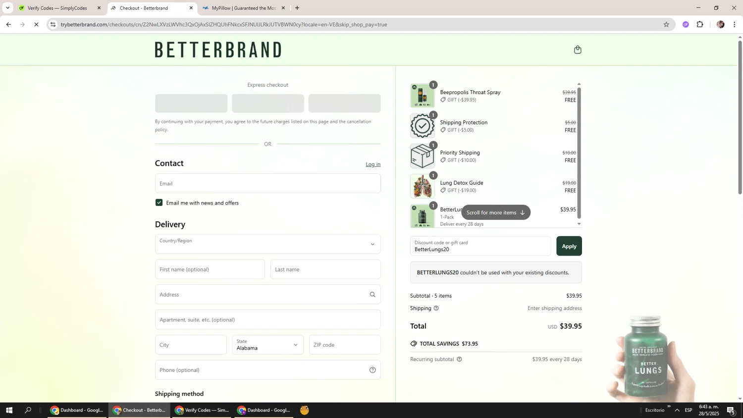 Better Brand promo code screenshot showing code BetterLungs20 applied at Better Brand checkout page. Uploaded by SimplyCodes community member Levi_Ackerman on May 28, 2025