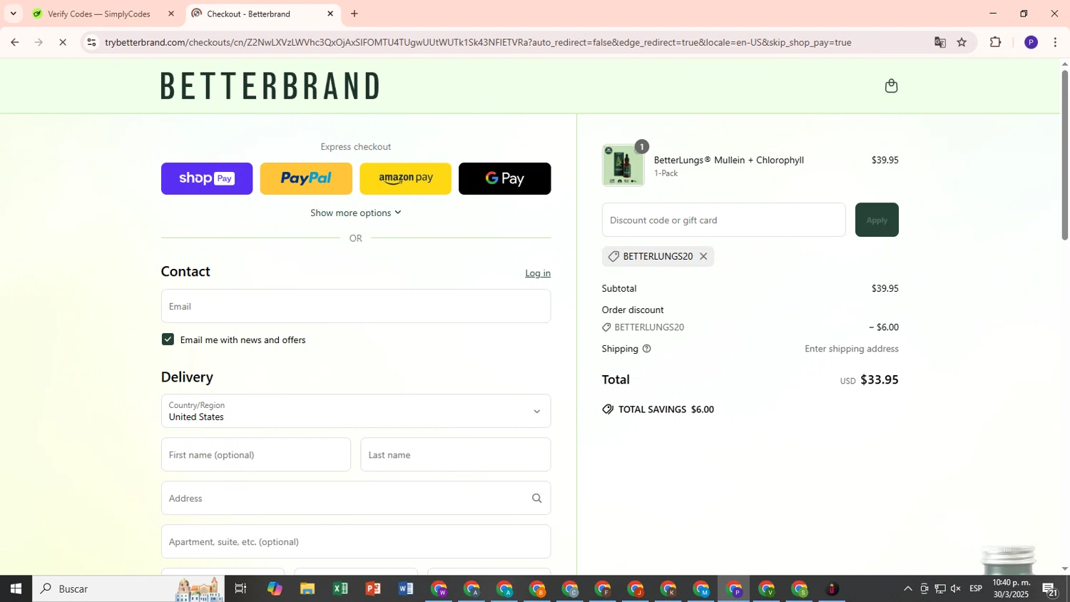 Better Brand promo code screenshot showing code BetterLungs20 applied at Better Brand checkout page. Uploaded by SimplyCodes community member RebatePilot3431 on Mar 31, 2025