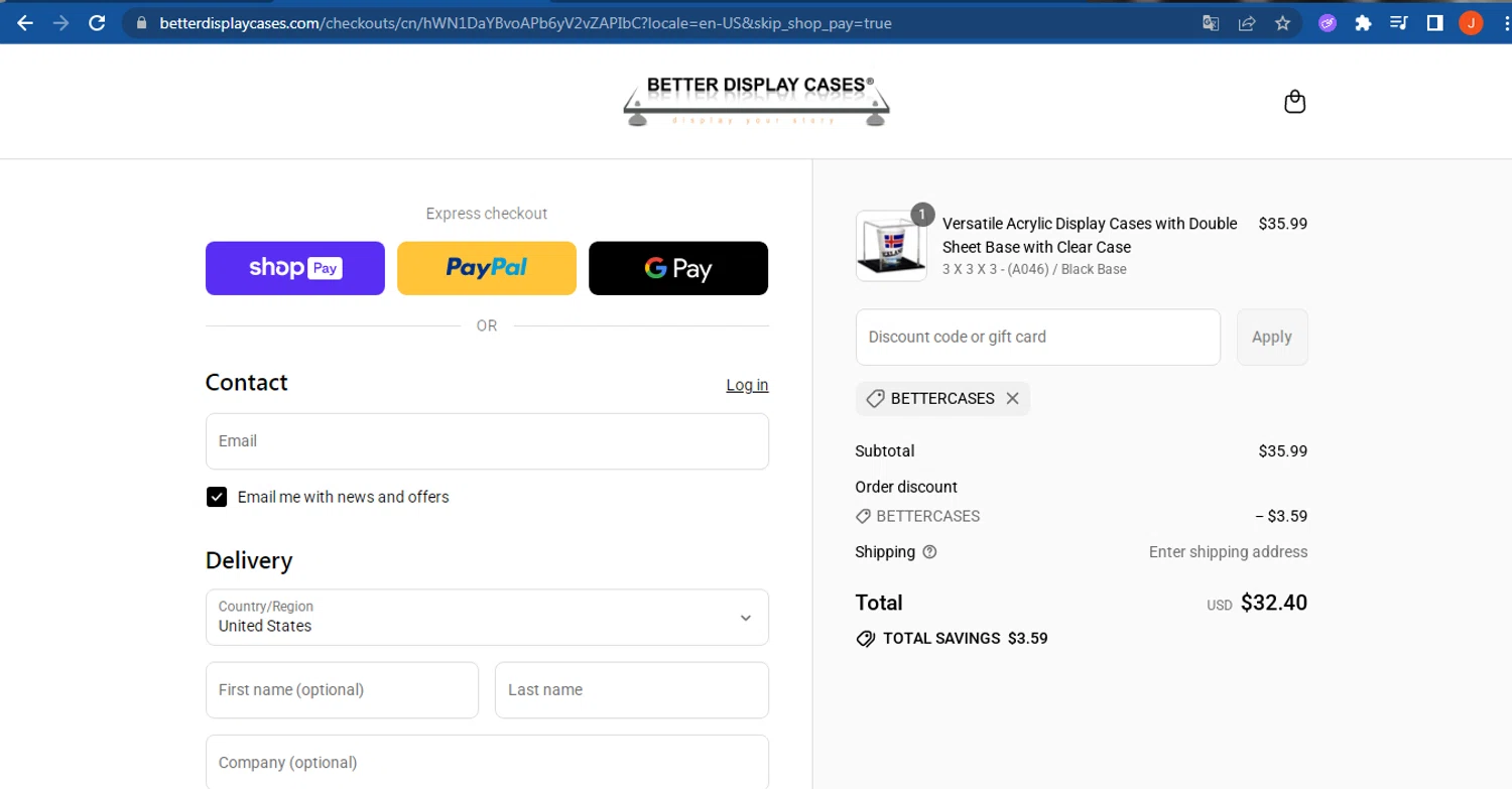 Better Display Cases discount code screenshot showing code BETTERCASES applied at Better Display Cases checkout page. Uploaded by SimplyCodes community member FranquizJoel on Jul 30, 2025