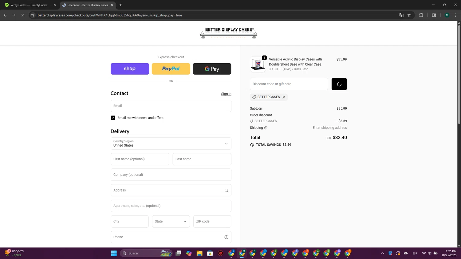 Better Display Cases discount code screenshot showing code BETTERCASES applied at Better Display Cases checkout page. Uploaded by SimplyCodes community member MDLECHUZA on Oct 25, 2025