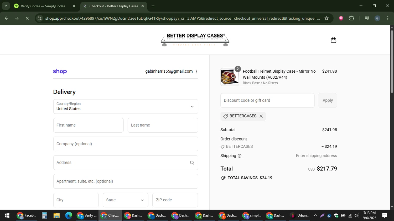 Better Display Cases discount code screenshot showing code BETTERCASES applied at Better Display Cases checkout page. Uploaded by SimplyCodes community member gabinharris55 on Sep 6, 2025