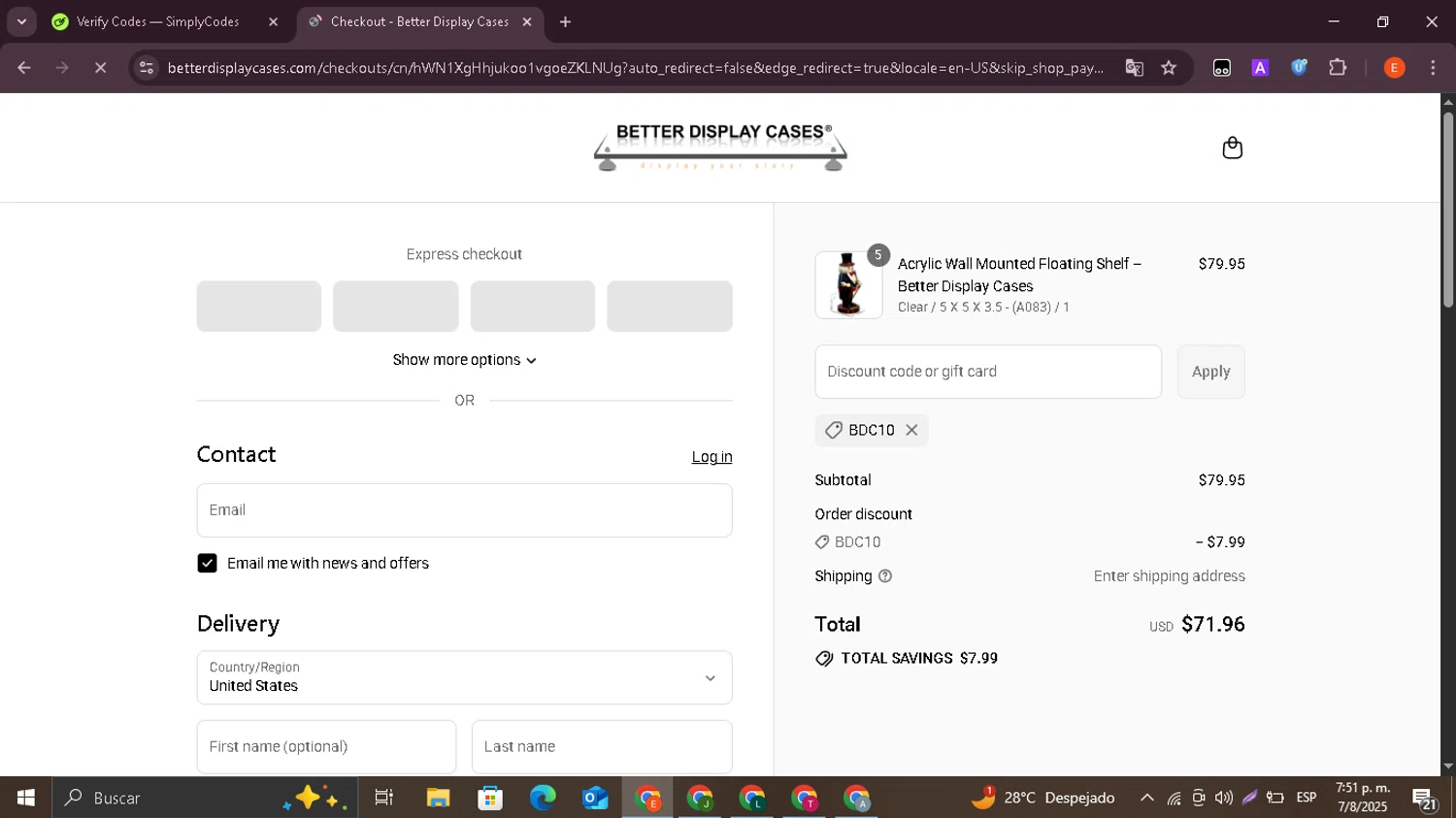 Better Display Cases discount code screenshot showing code BDC10 applied at Better Display Cases checkout page. Uploaded by SimplyCodes community member BrilliantSage8401 on Aug 7, 2025