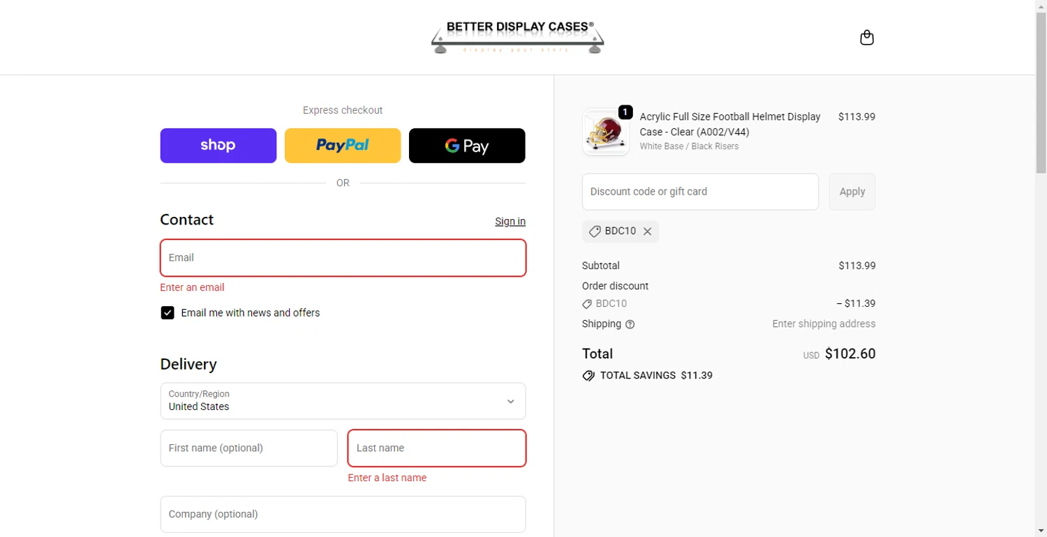 Better Display Cases discount code screenshot showing code BDC10 applied at Better Display Cases checkout page. Uploaded by SimplyCodes community member PennyOwl696 on Nov 6, 2025