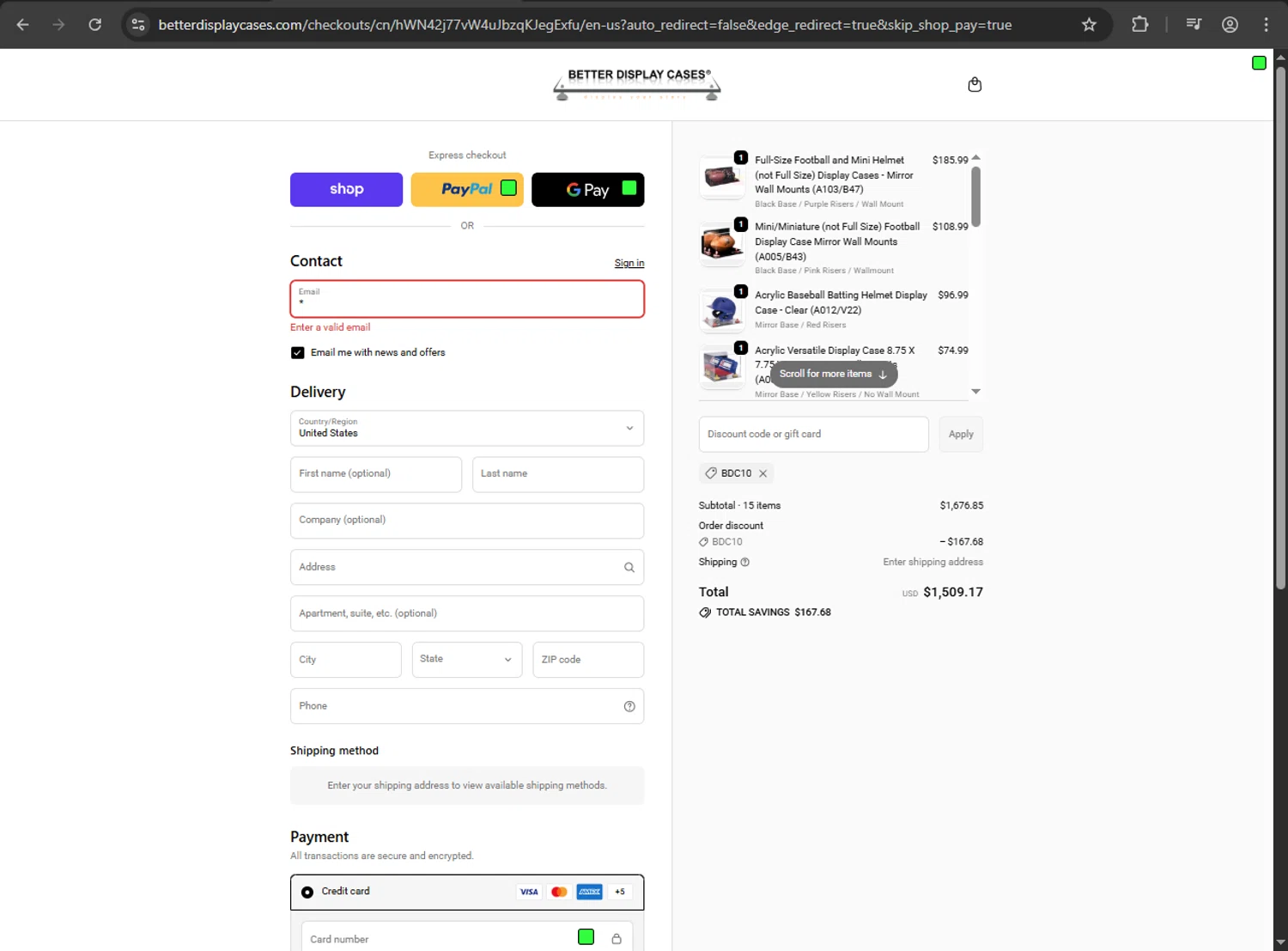 Better Display Cases discount code screenshot showing code BDC10 applied at Better Display Cases checkout page. Uploaded by SimplyCodes community member Scrooge on Oct 12, 2025