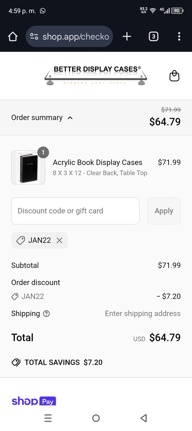 Better Display Cases discount code screenshot showing code JAN22 applied at Better Display Cases checkout page. Uploaded by SimplyCodes community member Mdeoca on Jun 14, 2025