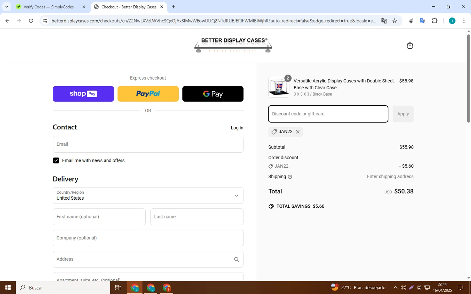 Better Display Cases discount code screenshot showing code JAN22 applied at Better Display Cases checkout page. Uploaded by SimplyCodes community member Juan_collug on Apr 17, 2025