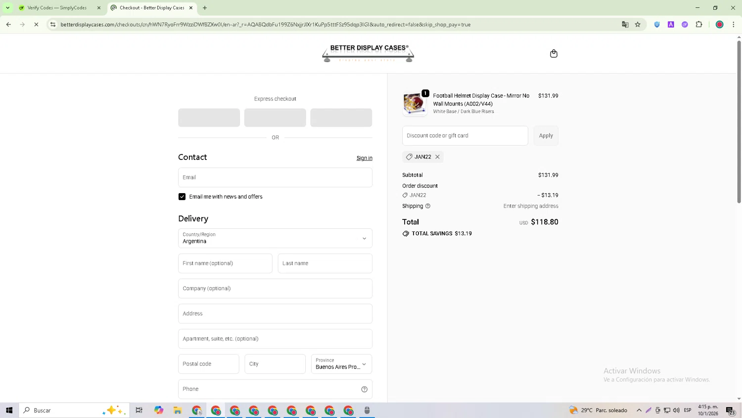 Better Display Cases checkout page showing Better Display Cases discount code box | Screenshot taken by SimplyCodes community member on Jan 10, 2026