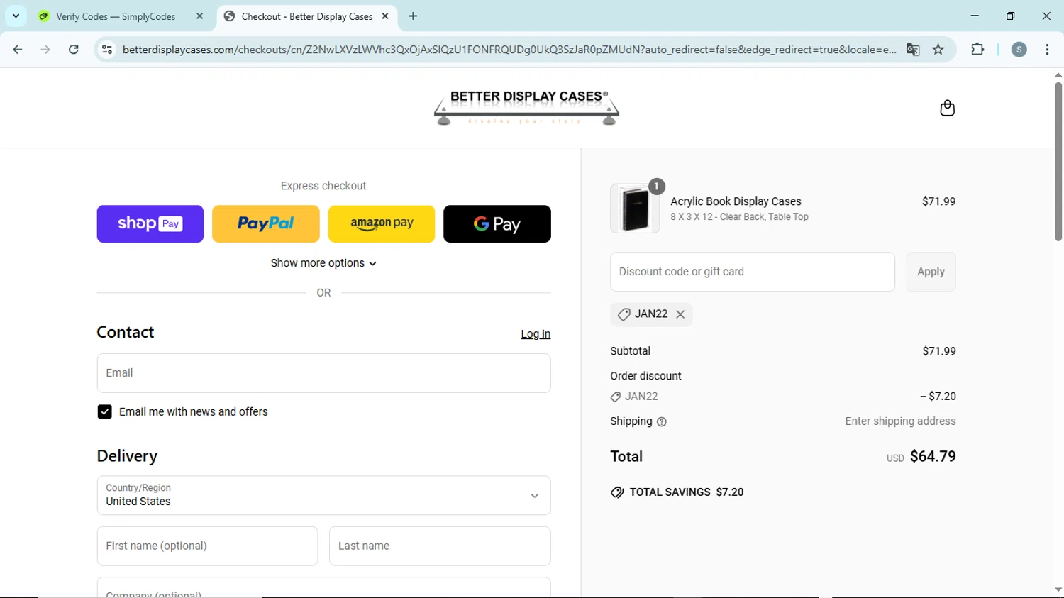 Better Display Cases discount code screenshot showing code JAN22 applied at Better Display Cases checkout page. Uploaded by SimplyCodes community member EpicScholar6418 on Apr 30, 2025