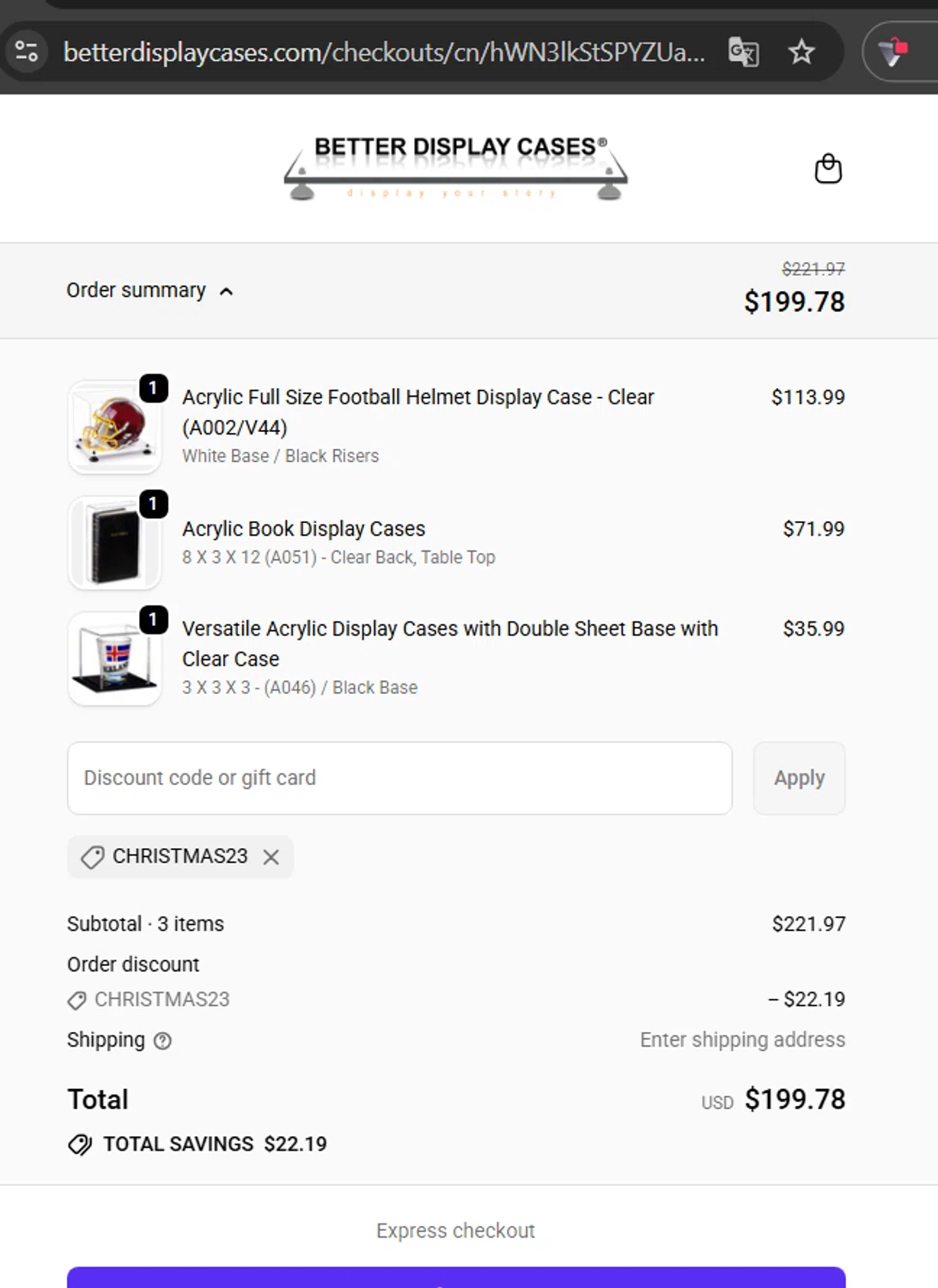 Better Display Cases discount code screenshot showing code Christmas23 applied at Better Display Cases checkout page. Uploaded by SimplyCodes community member TheYeffry on Oct 5, 2025
