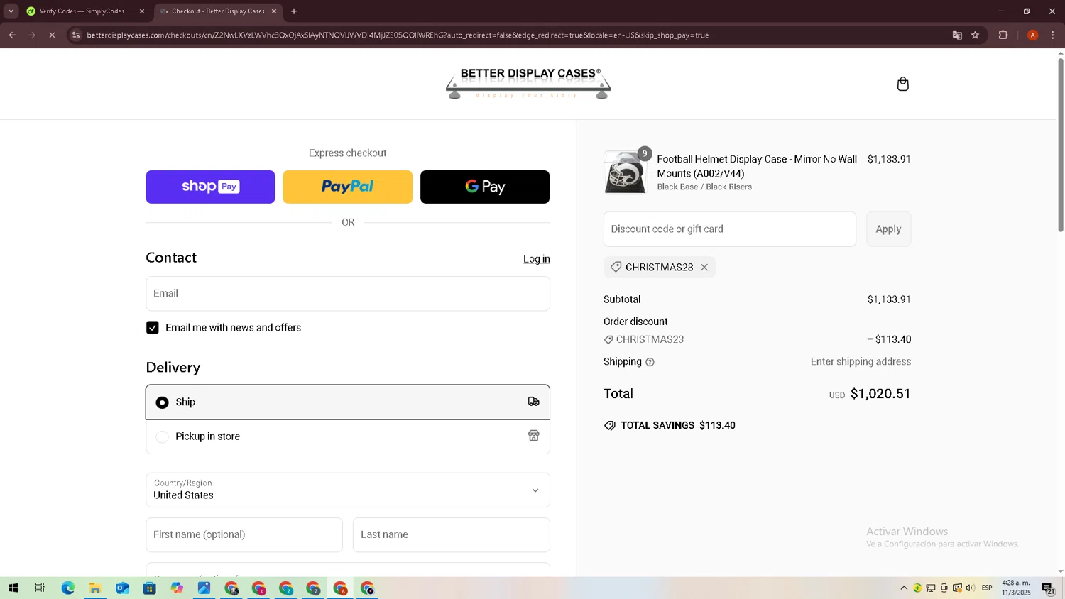 Better Display Cases discount code screenshot showing code Christmas23 applied at Better Display Cases checkout page. Uploaded by SimplyCodes community member zxxx27 on Mar 11, 2025