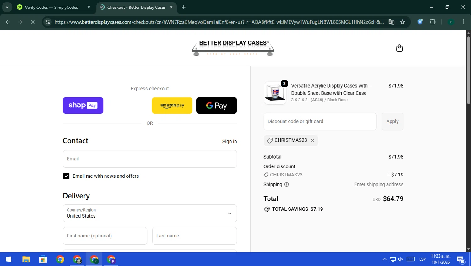 Better Display Cases discount code screenshot showing code Christmas23 applied at Better Display Cases checkout page. Uploaded by SimplyCodes community member rodri1 on Jan 10, 2026
