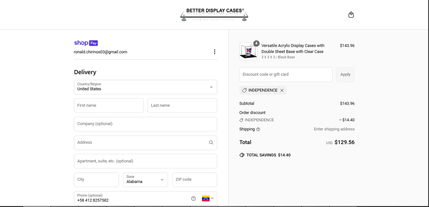 Better Display Cases discount code screenshot showing code INDEPENDENCE applied at Better Display Cases checkout page. Uploaded by SimplyCodes community member FortunateElite5130 on Jun 30, 2025