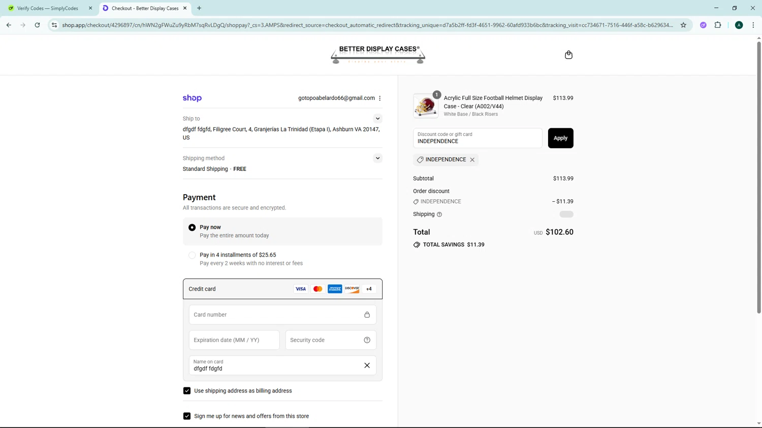 Better Display Cases discount code screenshot showing code INDEPENDENCE applied at Better Display Cases checkout page. Uploaded by SimplyCodes community member HAOJIN on Sep 6, 2025